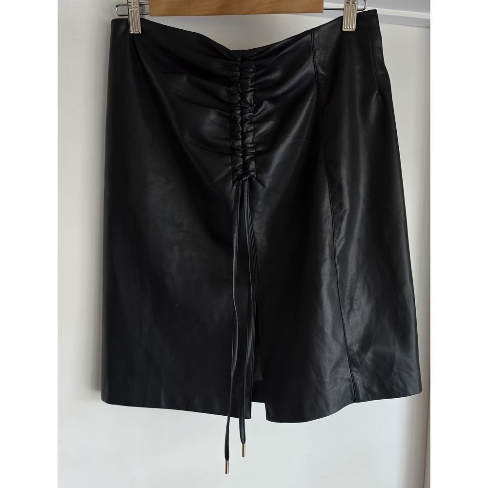 House of Harlow 1960 Skirt Women's M Black Faux Leather Straight Ruched Detail